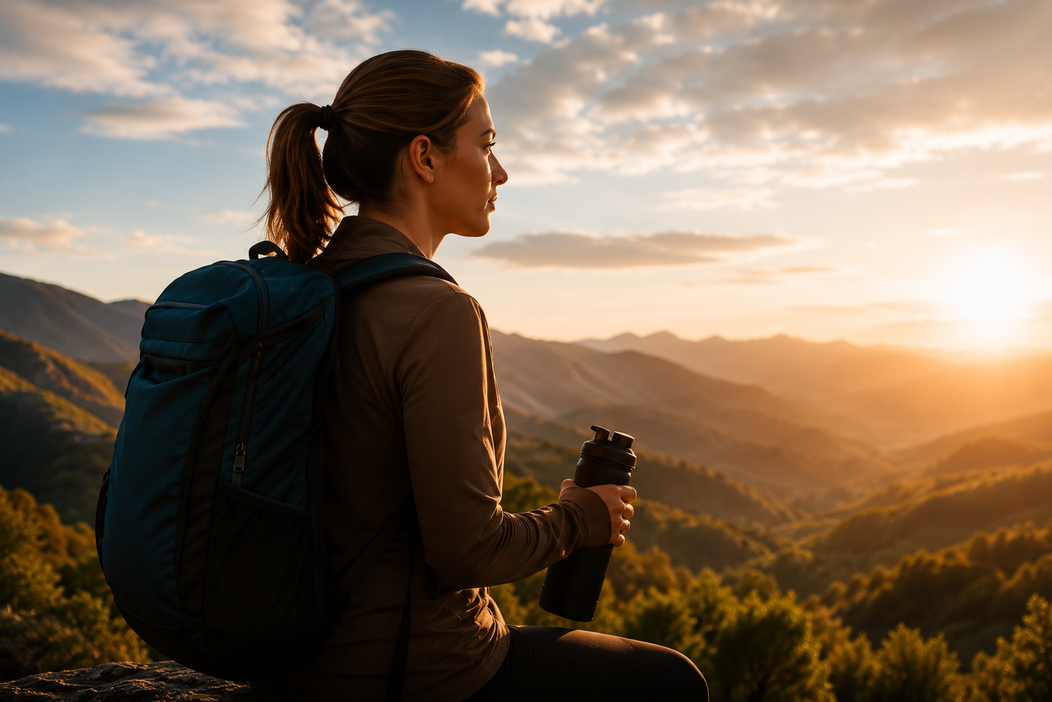 Traveler overlooking mountains at sunrise