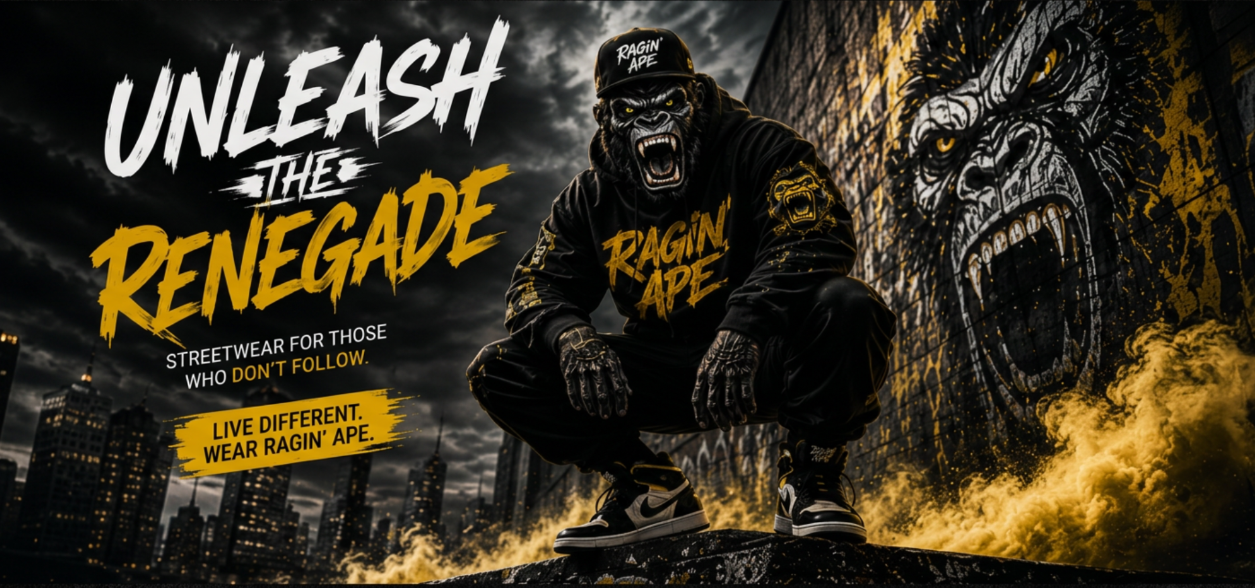 Ragin' Ape streetwear hero with graffiti wall and black apparel